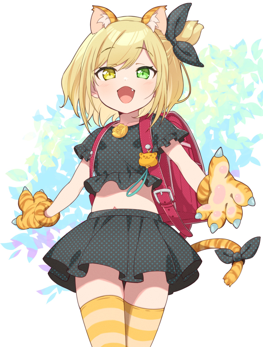 1girl :d animal_ear_fluff animal_ears animal_hands backpack bag bangs black_ribbon black_shirt black_skirt blonde_hair brown_gloves collarbone commentary_request crime_prevention_buzzer crop_top fang gloves green_eyes hair_bun hair_ribbon heterochromia highres ibara_muan indie_virtual_youtuber jigatei_(omijin) looking_at_viewer midriff navel paw_gloves pleated_skirt polka_dot polka_dot_ribbon polka_dot_shirt polka_dot_skirt randoseru ribbon shirt short_sleeves single_side_bun skirt smile solo striped striped_legwear tail tail_ornament tail_ribbon thighhighs tiger_ears tiger_girl tiger_tail unmoving_pattern virtual_youtuber white_background yellow_eyes