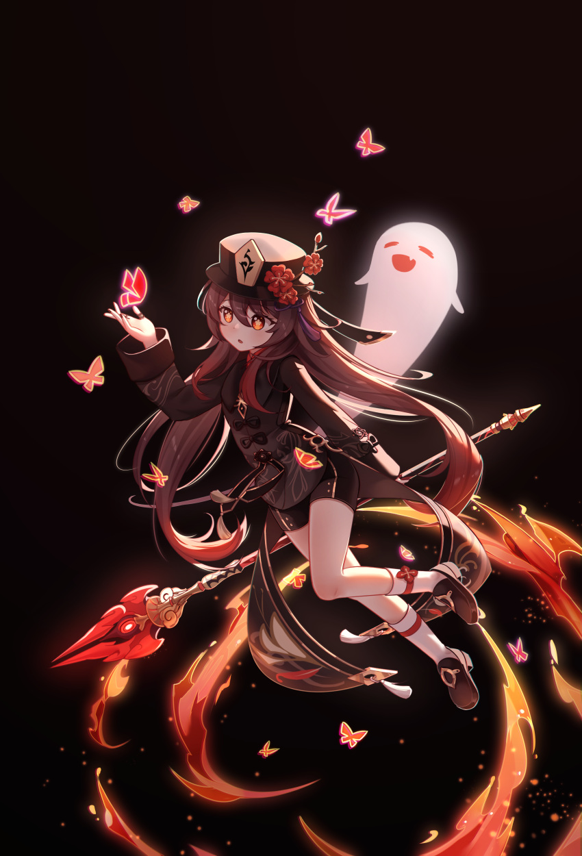 1girl :d absurdres bangs black_background black_shorts brown_hair bug butterfly chinese_clothes commentary_request fire flower full_body genshin_impact ghost gleam_lin_shi hair_between_eyes hat hat_flower hat_ornament highres holding holding_polearm holding_weapon hu_tao_(genshin_impact) kneehighs long_hair long_sleeves orange_eyes polearm short_shorts shorts sidelocks simple_background smile socks staff_of_homa_(genshin_impact) symbol-shaped_pupils twintails weapon