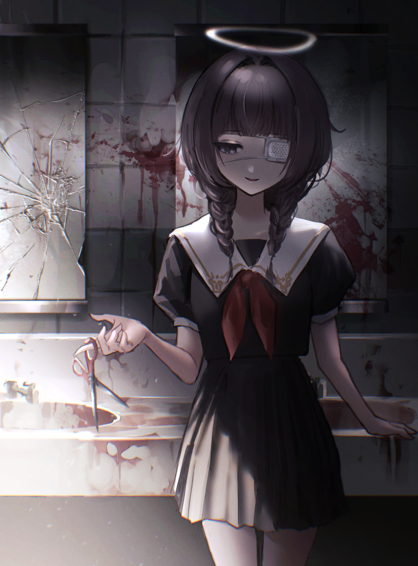 1girl absurdres bathroom blood blood_on_wall blood_splatter broken_mirror cracked_glass eyepatch highres mirror open_mouth original pleated_skirt school_uniform scissors skirt smile solo uniform zyawatea1230