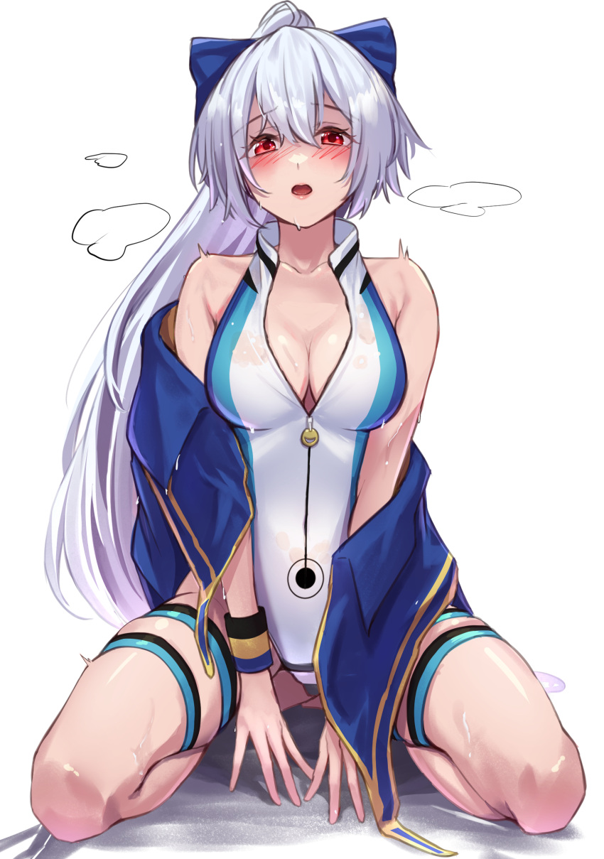 1girl absurdres bangs bare_shoulders blue_bow blue_jacket blue_swimsuit bow breasts cleavage collarbone fate/grand_order fate_(series) hair_between_eyes hair_bow highleg highleg_swimsuit highres jacket kneeling large_breasts long_hair looking_at_viewer off_shoulder one-piece_swimsuit open_clothes open_jacket open_mouth ponytail red_eyes short_sleeves solo swimsuit thigh_strap thighs tomoe_gozen_(fate) tomoe_gozen_(swimsuit_saber)_(fate) tomoe_gozen_(swimsuit_saber)_(first_ascension)_(fate) two-tone_swimsuit white_hair white_swimsuit yoshimoto_(carpsukidayo)