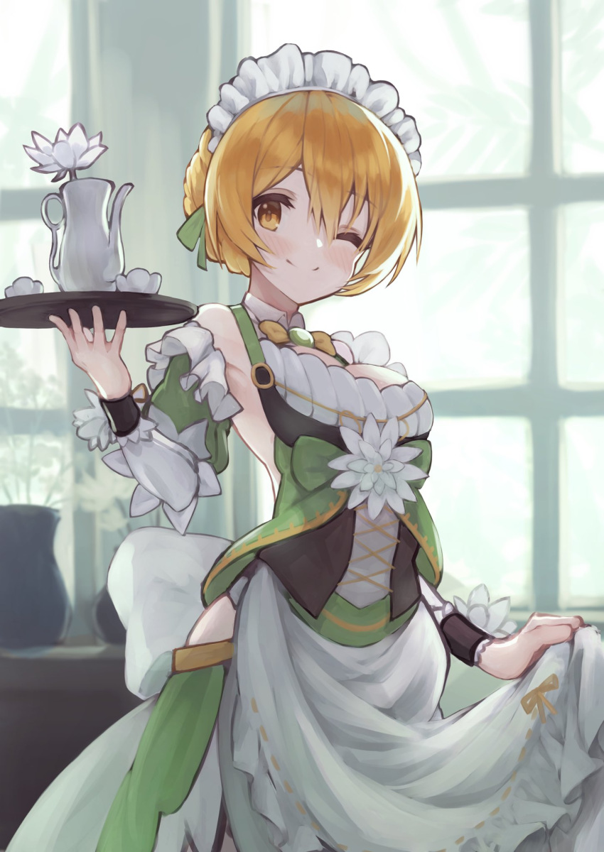 1girl blonde_hair commentary_request detached_sleeves flower flower_knight_girl hair_between_eyes highres indoors long_sleeves maid maid_headdress one_eye_closed short_hair skirt_hold smile solo suiren_(flower_knight_girl) tomisaka_yorui tray window yellow_eyes