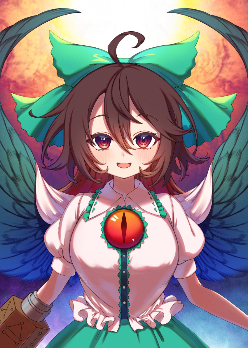 1girl bird_wings black_wings blouse breasts brown_hair buttons center_frills collared_shirt control_rod e_sdss frilled_shirt_collar frills green_skirt highres large_breasts long_hair puffy_short_sleeves puffy_sleeves red_eyes reiuji_utsuho shirt short_sleeves skirt solo third_eye touhou white_shirt wings