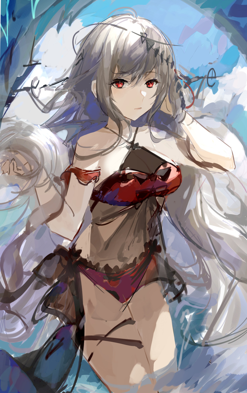 1girl absurdres arknights arm_strap bangs bare_shoulders bikini breasts cleavage closed_mouth collarbone grey_hair hand_in_own_hair highres holding holding_hair long_hair looking_at_viewer medium_breasts navel qianzhu red_bikini red_eyes see-through skadi_(arknights) skadi_the_corrupting_heart_(arknights) solo swimsuit very_long_hair wading water