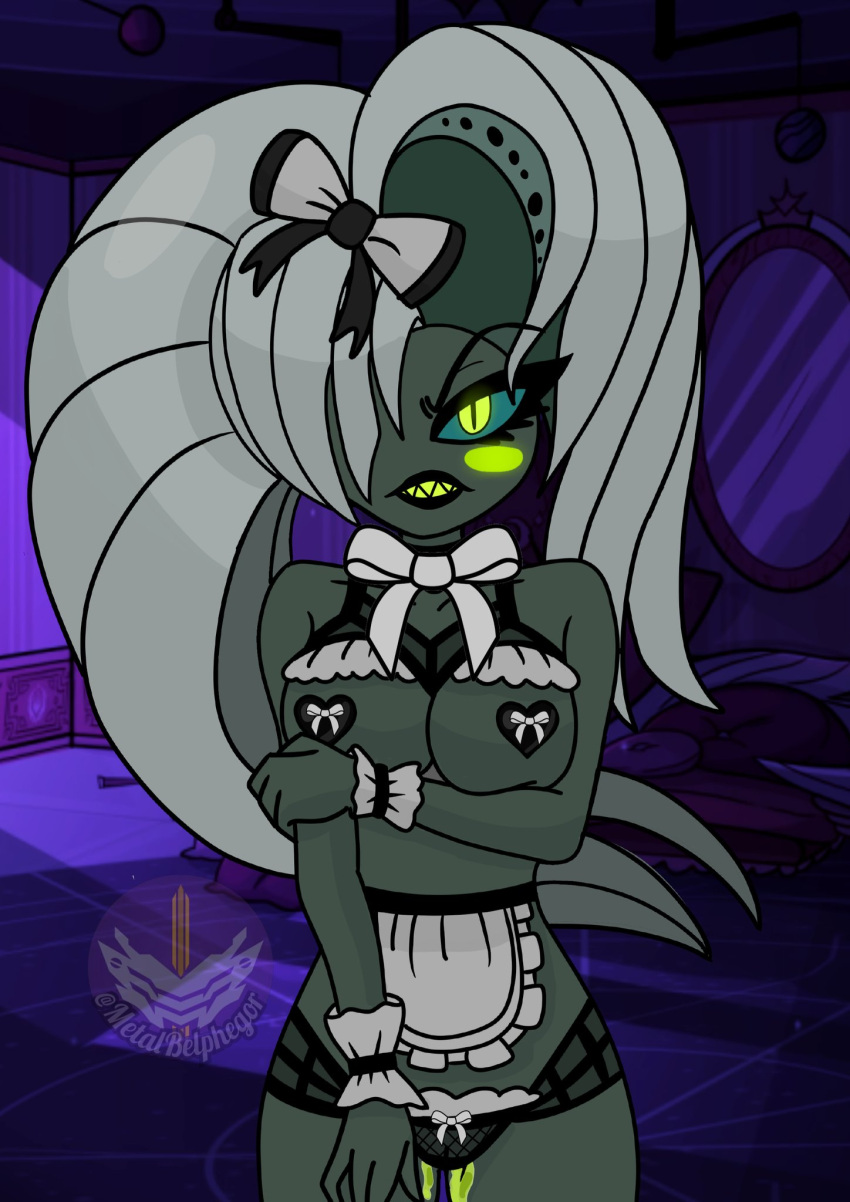 blush clothed clothing demon detailed_background fangs female genitals glowing glowing_eyes green_eyes grey_body grey_hair hair hazbin_hotel helsa_von_eldritch hi_res humanoid looking_at_viewer maid_uniform metalbelphegor open_mouth partially_clothed pussy solo uniform