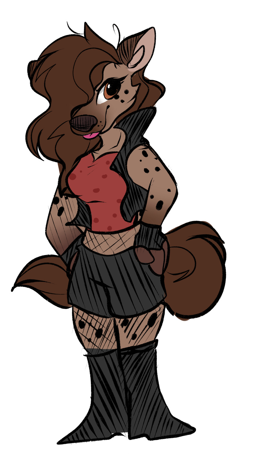 absurd_res anthro baja_gryphon boots bottomwear brown_hair clothing digital_media_(artwork) female fishnet footwear gloves hair handwear helena_(bonk6) hi_res hyaenid jacket mammal shorts solo tongue tongue_out topwear