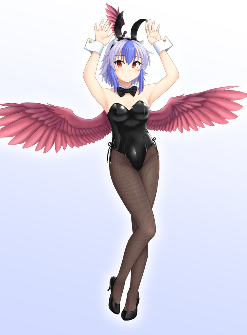 1girl alternate_costume arms_up bird_wings bow bowtie bunny_pose feathered_wings highres isaki_(gomi) leotard looking_at_viewer pantyhose playboy_bunny red_eyes simple_background smile tokiko_(touhou) touhou white_background wings wrist_cuffs