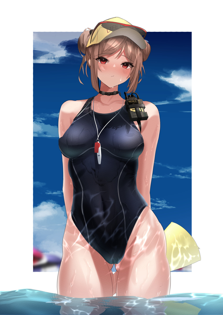1girl absurdres alternate_costume arms_behind_back bangs bare_shoulders black_choker blue_sky blue_swimsuit blush breasts choker closed_mouth collarbone competition_swimsuit covered_navel double_bun eyewear_on_headwear feet_out_of_frame girls'_frontline hair_bun highres light_brown_hair looking_at_viewer medium_breasts medium_hair on_water one-piece_swimsuit p90_(girls'_frontline) red_eyes rynn_(rynn_cube) simple_background sky solo standing sunglasses swimsuit wet wet_clothes wet_face wet_swimsuit whistle whistle_around_neck yellow_headwear
