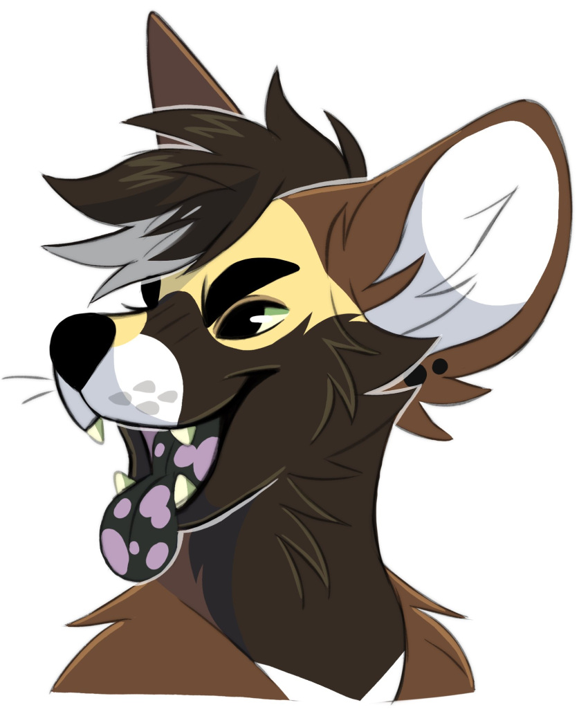 african_wild_dog anthro black_ear_piercing black_ear_stud black_eyebrows black_nose black_tongue brown_body brown_ears brown_fur brown_hair bust_portrait canid canine cheek_tuft dark_hair ear_piercing ear_stud eyebrows facial_tuft fur glistening glistening_eyes hair hi_res inner_ear_fluff male mammal multicolored_hair neck_tuft piercing portrait princelykaden purple_tongue simple_background solo spotted_tongue tongue tuft two_tone_hair white_background white_body white_fur white_hair white_inner_ear white_inner_ear_fluff yellow_body yellow_fur