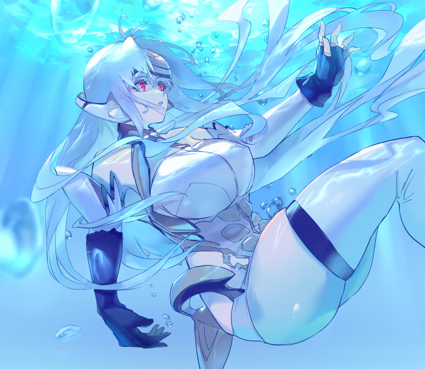 1girl absurdres android blue_hair breasts cyborg fingerless_gloves forehead_protector gloves highres kos-mos large_breasts long_hair negresco red_eyes solo thighs underwater very_long_hair water xenosaga