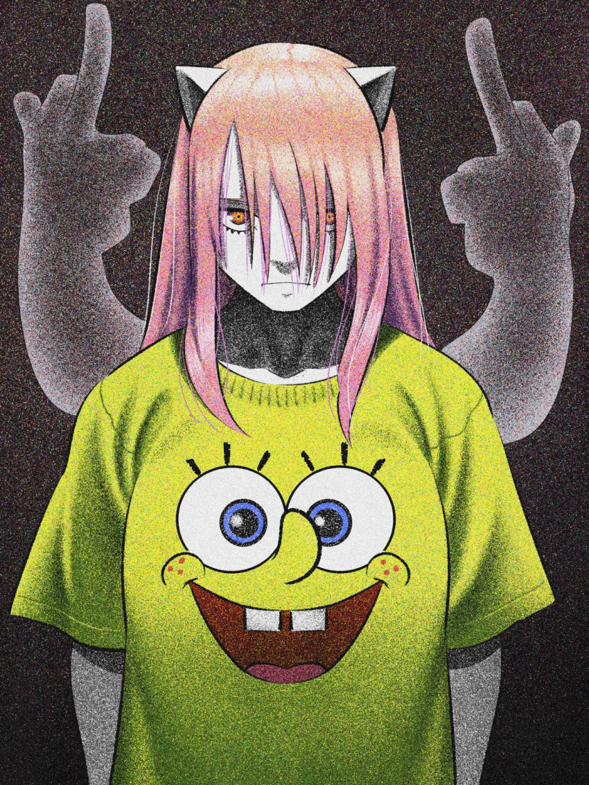 1girl black_background bombsahoy character_print closed_mouth elfen_lied grey_background highres horns long_hair looking_at_viewer lucy_(elfen_lied) middle_finger orange_eyes pale_skin pink_hair serious shiny shiny_hair shirt solo spongebob_squarepants spongebob_squarepants_(character) t-shirt upper_body yellow_shirt