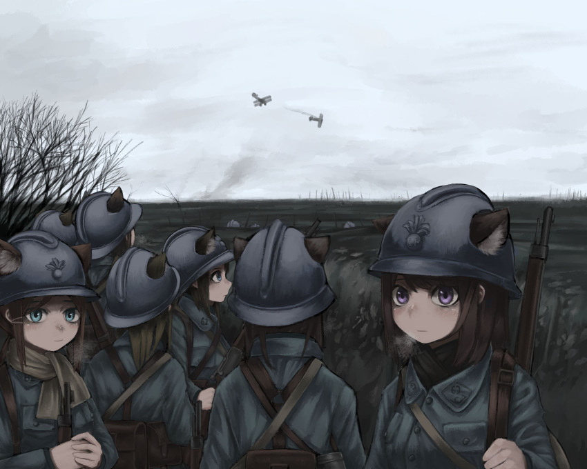 6+girls aircraft airplane animal_ears biplane blue_coat blue_eyes cloud cloudy_sky coat day extra_ears french_army gun helmet highres long_sleeves medium_hair military military_helmet military_uniform multiple_girls original outdoors purple_eyes rifle rifle_on_back short_hair sky soldier standing tree uniform user_dhcx5474 weapon world_war_i