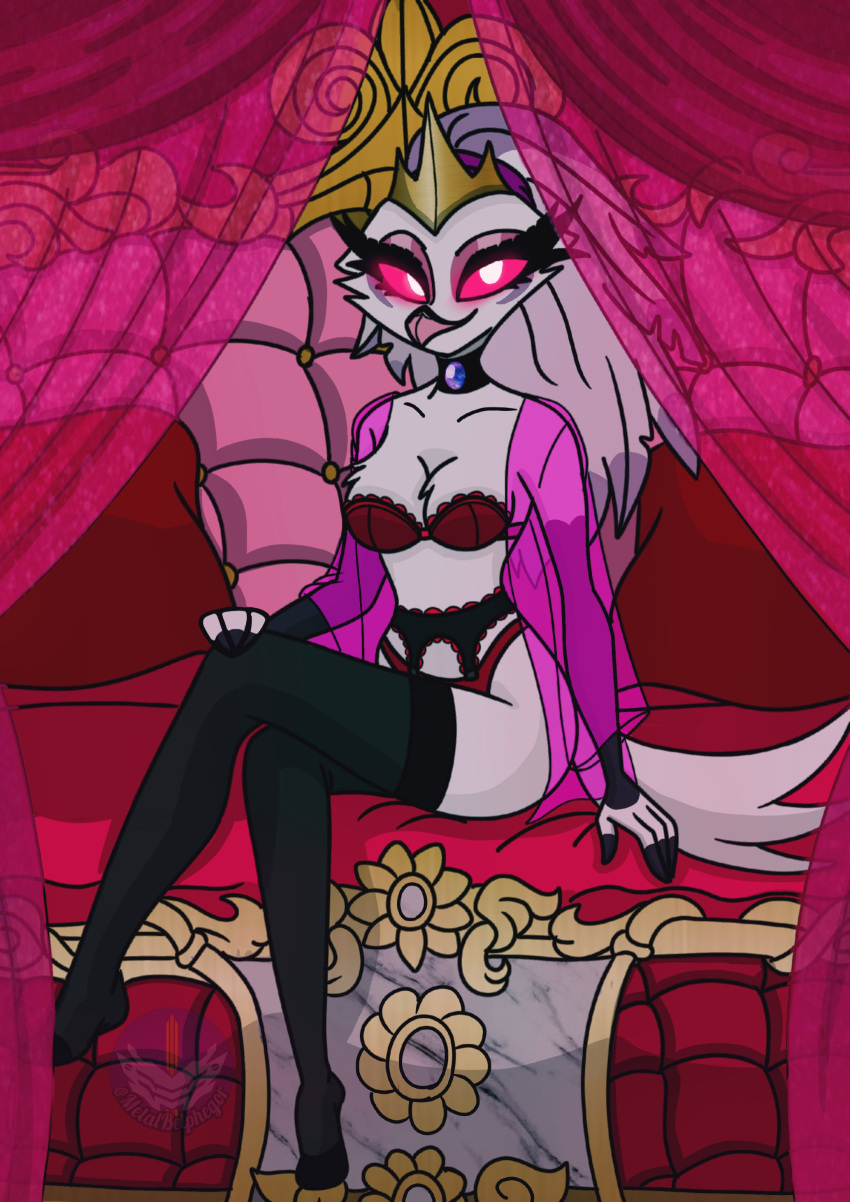 absurd_res anthro avian beak breasts crown demon detailed_background feathers female glowing glowing_eyes helluva_boss hi_res mature_female metalbelphegor pink_eyes sitting smile solo stella_(helluva_boss) thick_thighs white_body white_feathers