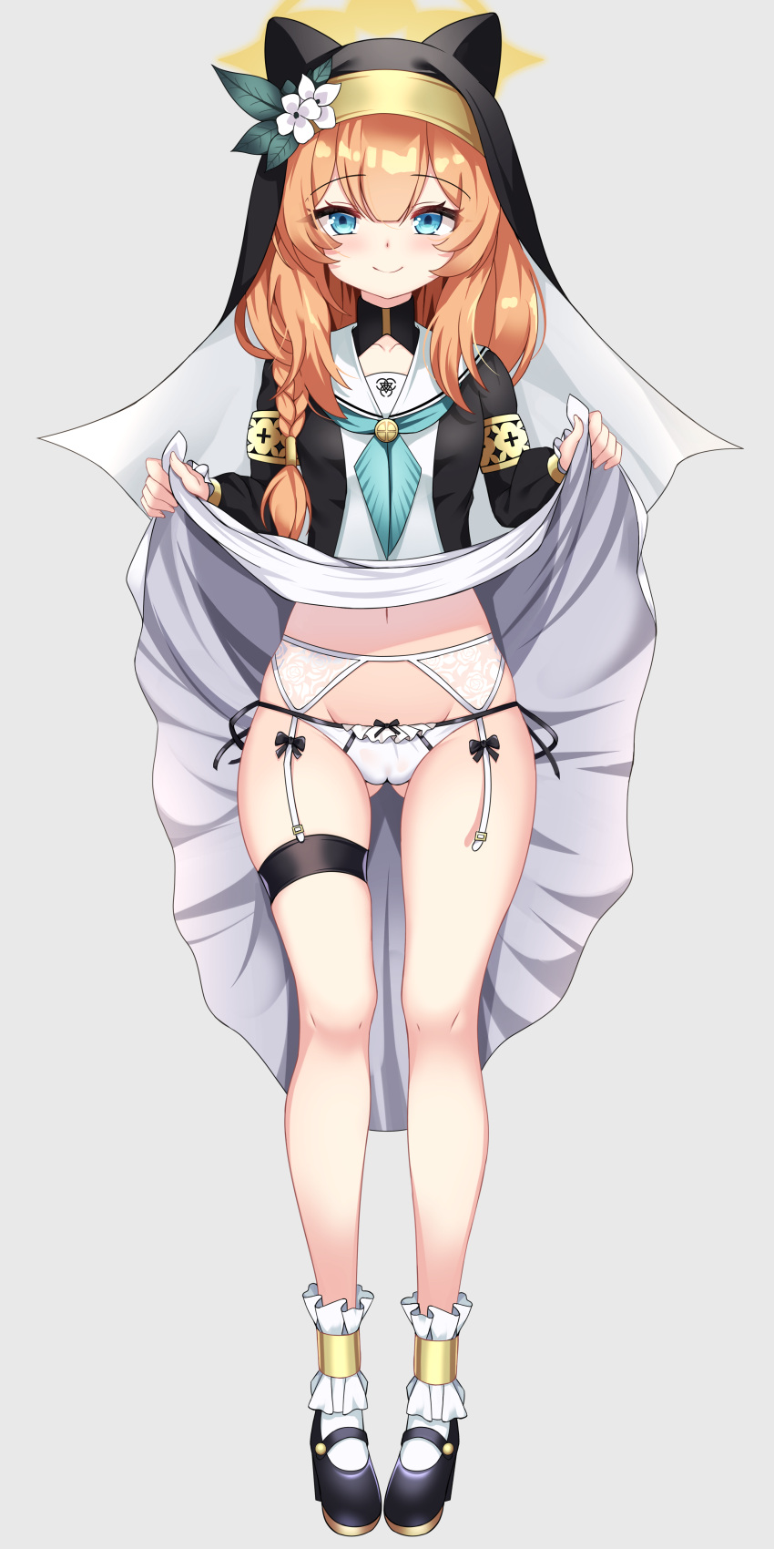 1girl absurdres animal_ears blue_archive blue_eyes blush cat_ears clothes_lift feet halo highres legs lifted_by_self mari_(blue_archive) medium_hair navel nun orange_hair panties simple_background skirt skirt_lift solo standing stomach thighs tia_(4017342) underwear white_background