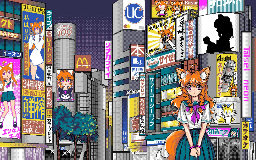 1girl ad ahoge animal_ears aqua_sailor_collar aqua_skirt asahi_breweries bad_apple!! bangs billboard bracelet braid building closed_mouth coca-cola commentary cowboy_shot english_commentary expressionless flat_chest fox_ears fox_girl fox_tail gradient_sky hakurei_reimu hatsune_miku highres jewelry kuromi logo long_hair looking_at_viewer mastercard mcdonald's miniskirt multiple_views neckerchief neco-arc night nikon_(company) onegai_my_melody orange_hair original outdoors own_hands_together pc-98_(style) pink_neckerchief pixel_art pleated_skirt purple_eyes purple_sky sadmomiji saizeriya school_uniform sega serafuku shibuya_(tokyo) shibuya_109 shiny shiny_hair shirt shop short_sleeves silhouette skirt sky skyscraper sonic_(series) stairs standing straight-on tail tails_(sonic) touhou translation_request tree twin_braids uc_card v_arms vocaloid white_shirt