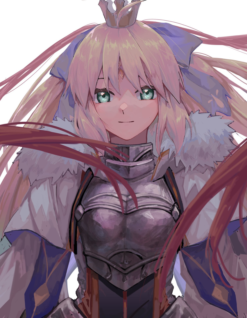1girl ahoge armor armored_dress artoria_caster_(fate) artoria_caster_(third_ascension)_(fate) artoria_pendragon_(fate) black_ribbon blonde_hair blue_bow blue_ribbon bow breasts cape capelet closed_mouth crown dress fate/grand_order fate_(series) fur_trim gold_trim green_eyes hair_between_eyes hair_bow hair_ribbon highres kokonoair long_hair looking_at_viewer multicolored_clothes multicolored_dress multicolored_ribbon ornament red_ribbon rhombus ribbon small_breasts smile white_background white_capelet white_fur