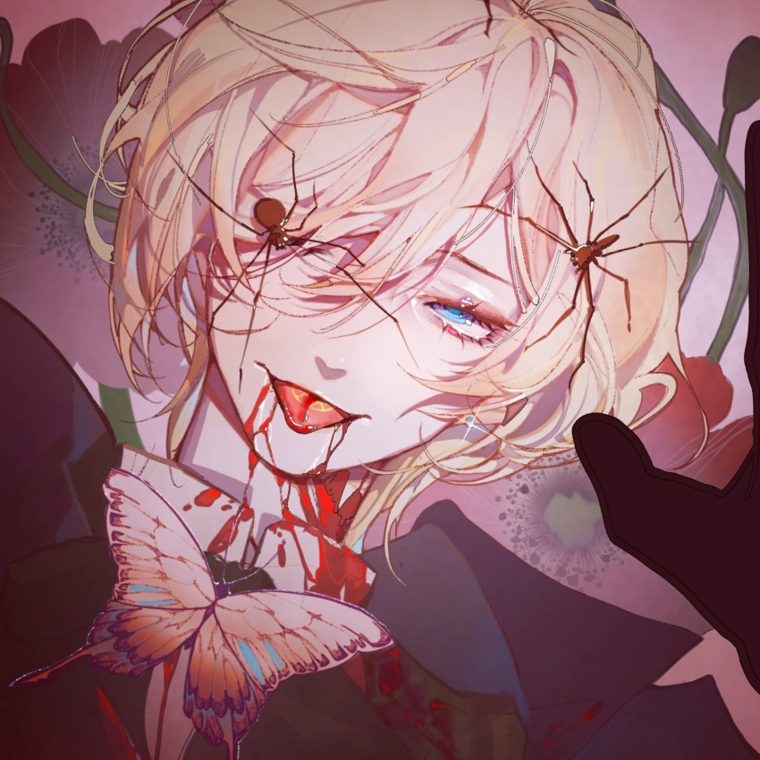 1boy alois_trancy bishounen blonde_hair blood blue_eyes bug butterfly diffraction_spikes earrings highres jewelry kuroshitsuji male_focus one_eye_covered otoko_no_ko ridaokousishui short_hair solo spider tongue tongue_out upper_body