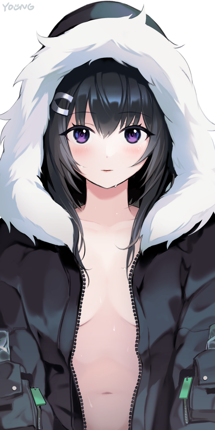 1girl absurdres arknights bangs black_coat black_hair blush breasts breasts_apart closed_mouth coat collarbone fur-trimmed_hood fur_trim hair_ornament hairclip highres hood hood_up hooded_coat la_pluma_(arknights) lips long_hair long_sleeves naked_coat navel no_bra open_clothes open_coat purple_eyes small_breasts smile solo unzipped upper_body y0ung