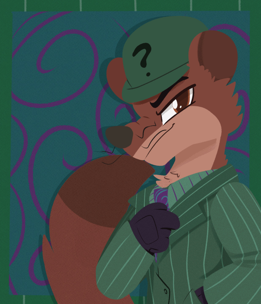 animated anthro bowler_hat clothing dc_comics gloves green_clothing handwear hat headgear headwear hi_res male mammal modularpon mustela mustelid musteline necktie solo suit text the_riddler true_musteline zoo_52