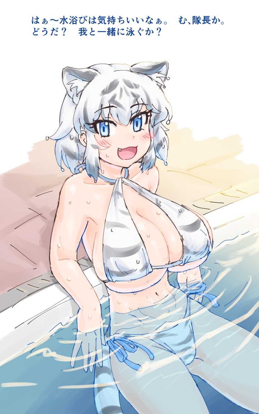 1girl bathing bikini blue_eyes blush breasts commentary_request fang highres huge_breasts kemono_friends looking_at_viewer mikan_toshi navel partially_submerged short_hair side-tie_bikini solo string_bikini swimsuit tail tiger_girl tiger_tail translation_request water white_bikini white_tiger_(kemono_friends) white_tiger_print