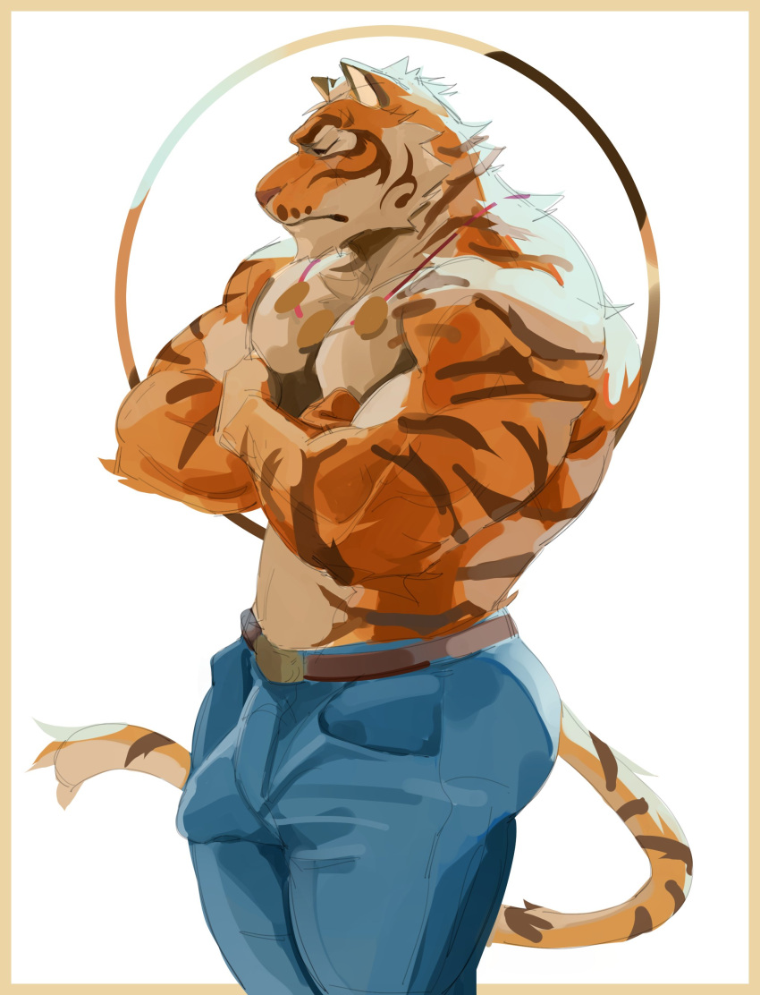 absurd_res bulge clothed clothing felid frown hi_res hydaus lin_hu male mammal nekojishi pantherine serious_face simple_background solo studio_klondike tiger topless video_games visual_novel white_background