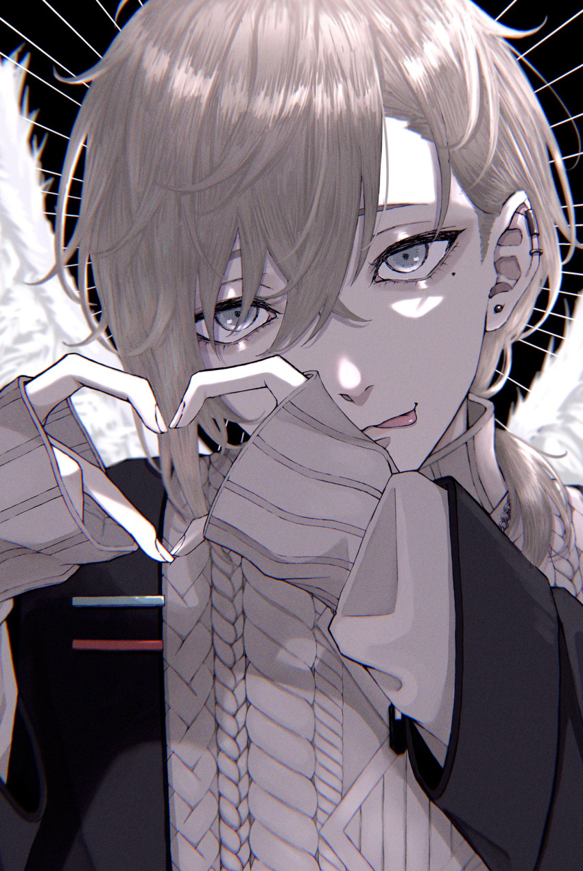 1boy avanokabeuch bishounen brown_hair ear_piercing earrings feathered_wings finger_heart grey_eyes grey_sweater hair_between_eyes highres jewelry kanae_(nijisanji) looking_at_viewer low_ponytail male_focus mole mole_under_eye nijisanji piercing side_ponytail solo stud_earrings sweater tongue tongue_out turtleneck turtleneck_sweater upper_body virtual_youtuber wings