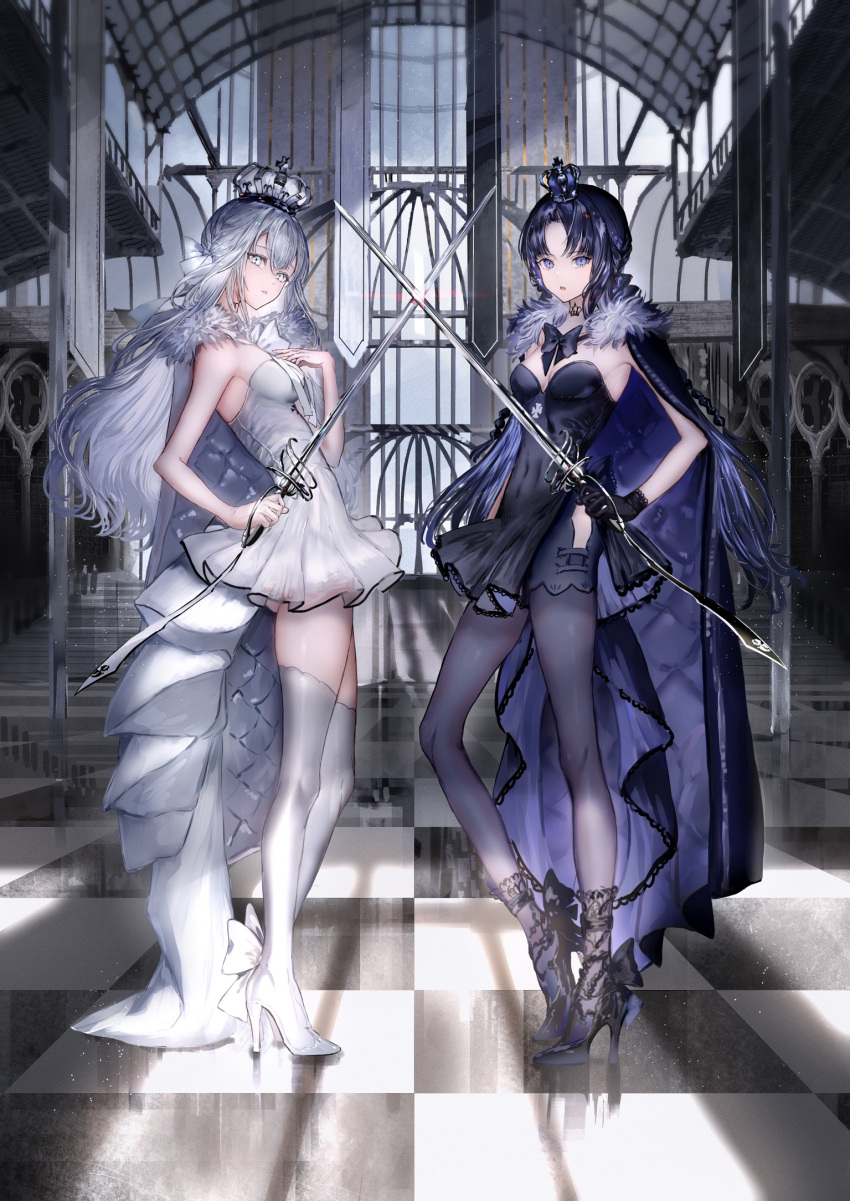 2girls bangs bare_arms bare_shoulders black_bloomers black_bow black_bowtie black_footwear black_gloves black_hair black_pantyhose blue_eyes bow bowtie breasts cape checkered_floor clothing_cutout crossed_swords crown dress frilled_dress frills full_body fur-trimmed_cape fur_trim gloves grey_eyes hand_up highres hip_vent holding holding_sword holding_weapon long_hair looking_at_viewer mini_crown multiple_girls nanaponi original pantyhose parted_bangs parted_lips rapier reflective_floor small_breasts standing strapless strapless_dress sword thighhighs weapon white_dress white_footwear white_hair white_thighhighs zettai_ryouiki