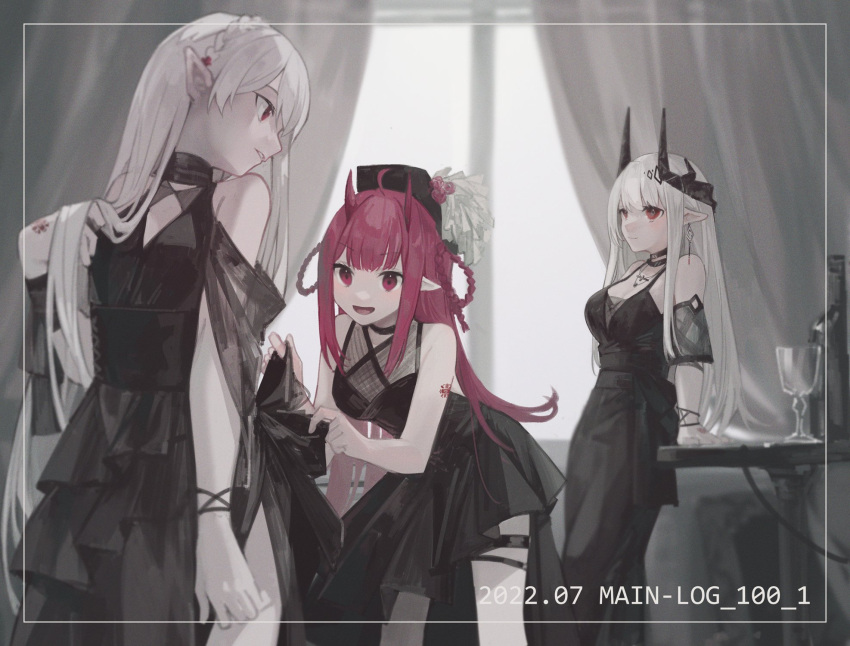 3girls :d ahoge albino arknights arm_tattoo bare_shoulders black_choker black_dress black_headwear bottle bracelet braid breasts choker cleavage crown_braid cup curtains dated detached_sleeves dress earrings english_text hat highres horns indoors jewelry leaning_forward looking_back medium_breasts miike_(992058) mudrock_(arknights) mudrock_(obsidian)_(arknights) multiple_girls necklace official_alternate_costume open_mouth parted_lips pelvic_curtain pointy_ears red_eyes red_hair short_sleeves sleeveless sleeveless_dress smile tattoo thighs vigna_(arknights) warfarin_(arknights) white_hair window