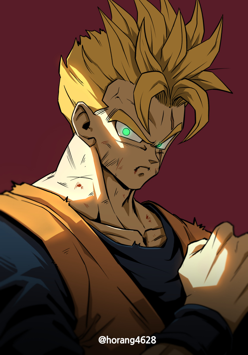 1boy absurdres blonde_hair closed_mouth dougi dragon_ball dragon_ball_z glowing glowing_eyes green_eyes highres horang4628 looking_at_viewer male_focus serious simple_background solo son_gohan_(future) super_saiyan super_saiyan_1 twitter_username wristband