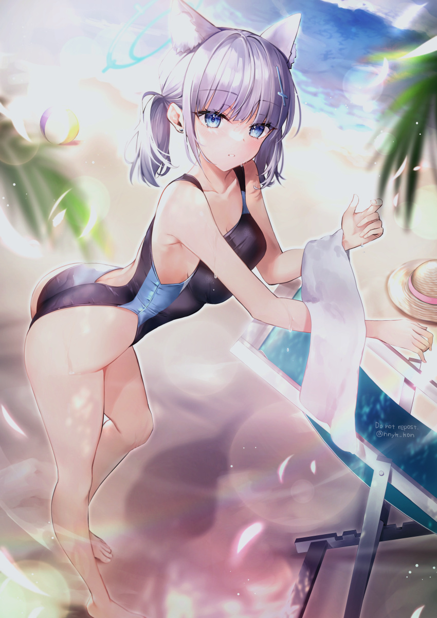 1girl absurdres animal_ear_fluff animal_ears ball bangs bare_arms bare_legs barefoot beachball black_swimsuit blue_archive blue_eyes blush breasts cleavage competition_swimsuit cross_hair_ornament extra_ears full_body grey_hair hair_ornament halo hane_yuki hat hat_removed headwear_removed highres lens_flare looking_at_viewer medium_breasts medium_hair mismatched_pupils multicolored_clothes multicolored_swimsuit official_alternate_costume one-piece_swimsuit parted_lips ponytail shiroko_(blue_archive) shiroko_(swimsuit)_(blue_archive) solo swimsuit towel