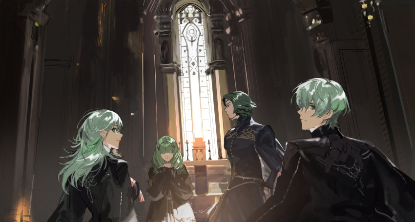 2boys 2girls bangs beard black_cape black_gloves black_robe breasts brother_and_sister byleth_(fire_emblem) byleth_(fire_emblem)_(female) byleth_(fire_emblem)_(male) candlestand cape circlet closed_mouth color_connection counter day drill_hair facial_hair facing_viewer fire_emblem fire_emblem:_three_houses flayn_(fire_emblem) frown gloves green_eyes green_hair hair_color_connection hair_ornament hairband hands_up highres indoors long_hair long_sleeves looking_at_viewer looking_away looking_back matoba_(ga6life) mature_male multiple_boys multiple_girls open_mouth profile puffy_long_sleeves puffy_sleeves seteth_(fire_emblem) short_hair siblings sideways_glance smile twin_drills upper_body window