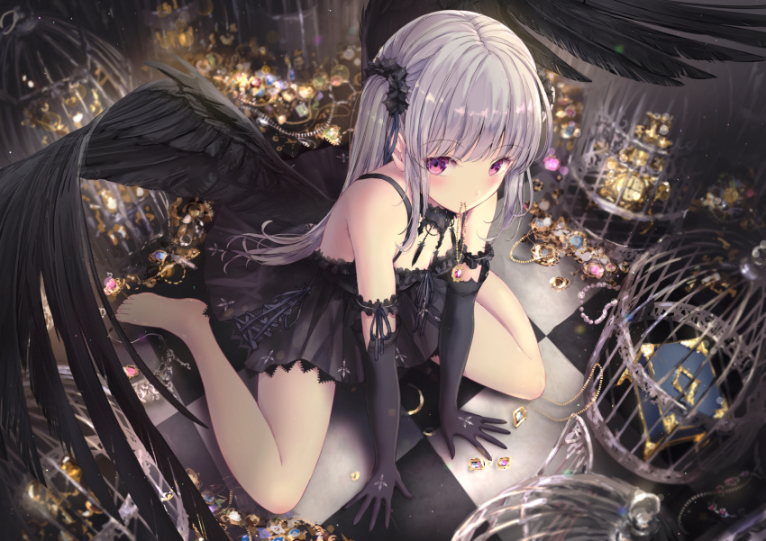 1girl bangs bare_shoulders barefoot black_dress black_gloves black_wings checkered_floor closed_mouth commentary_request dress elbow_gloves feathered_wings gloves grey_hair highres jewelry long_hair looking_at_viewer missile228 mouth_hold on_floor original purple_eyes side_ponytail sitting sleeveless sleeveless_dress smile solo very_long_hair wariza wings
