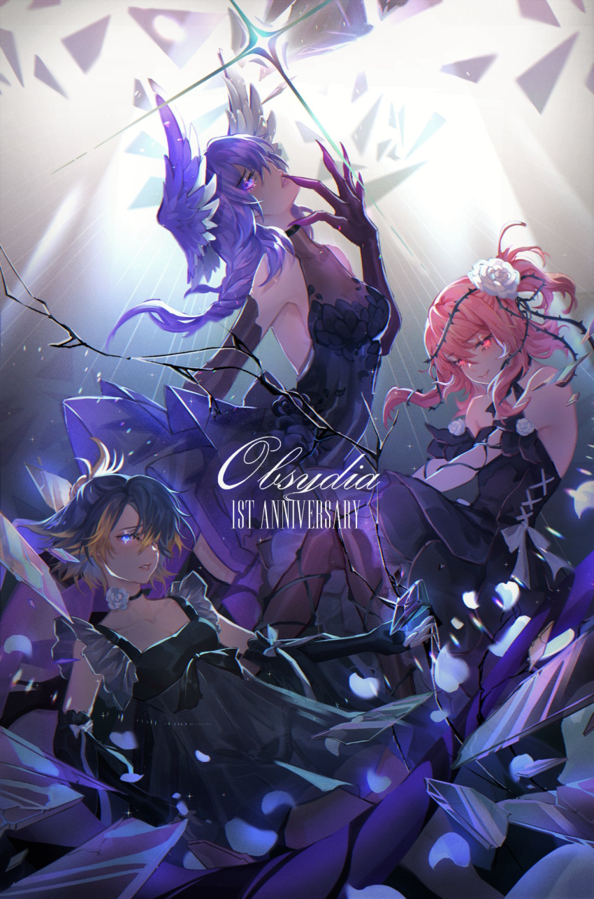 3girls ahoge anniversary black_dress black_hair black_ribbon black_sleeves blue_eyes blush braid breasts broken_glass choker cleavage detached_sleeves dragon_girl dress english_text flower glass hair_ornament hair_over_one_eye hairclip halter_dress halterneck head_wings highres light long_sleeves medium_breasts medium_hair multicolored_hair multiple_girls nijisanji nijisanji_en novaque obsydia_(nijisanji) orange_hair petra_gurin pink_eyes pink_hair pointy_ears purple_eyes purple_hair purple_wings ribbon ribbon_choker rose rosemi_lovelock selen_tatsuki short_hair short_sidetail sleeveless small_breasts smile strapless strapless_dress thorns twin_braids virtual_youtuber white_flower white_rose wings