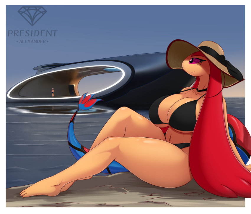 anthro big_breasts bikini black_bikini black_clothing black_swimwear breasts clothing female fish hair hat headgear headwear hi_res huge_breasts human mammal marine milotic nintendo pink_eyes pok&eacute;mon pok&eacute;mon_(species) president_alexander red_hair seaside solo swimwear thick_thighs vehicle video_games watercraft yacht