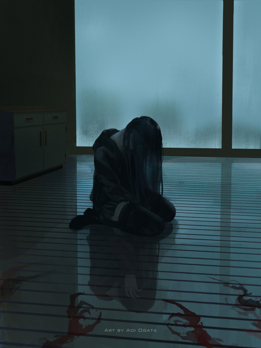 1girl aoi_ogata artist_name black_hair black_jacket blood clip_studio_paint_(medium) commentary different_reflection english_commentary highres hood hood_down hooded_jacket jacket leaning_forward long_hair on_floor original reflection seiza sitting solo thighhighs very_long_hair window