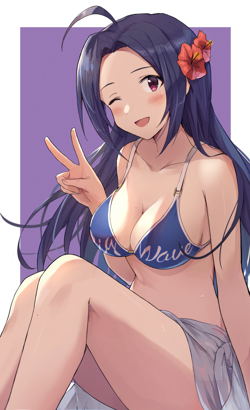 1girl ;d absurdres ahoge bikini blue_bikini blue_hair breasts flower hair_flower hair_ornament highres idolmaster large_breasts long_hair looking_at_viewer miura_azusa one_eye_closed pink_eyes purple_background shuucream_(syuichi) sitting smile solo swimsuit thighs two-tone_background v white_background