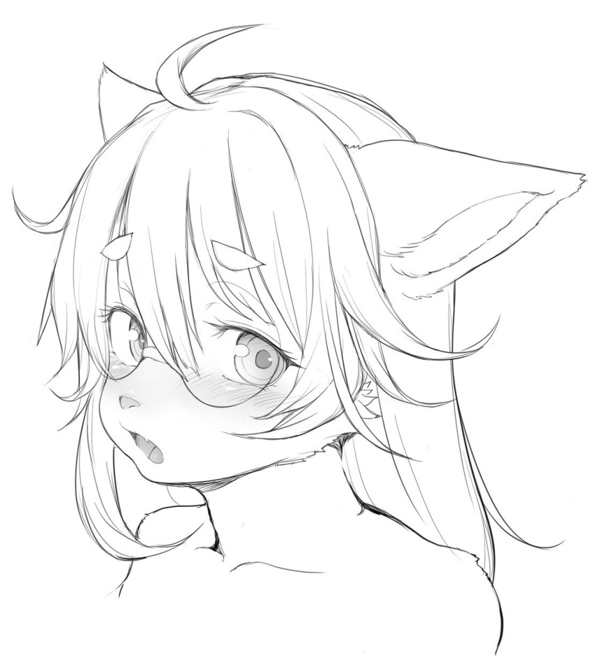 anthro bare_shoulders blush canid canine digital_media_(artwork) eyebrow_through_hair eyebrows eyewear female fur glasses greyscale hair hawthorn hi_res kemono long_hair looking_at_viewer mammal monochrome open_mouth simple_background solo translucent translucent_hair white_background