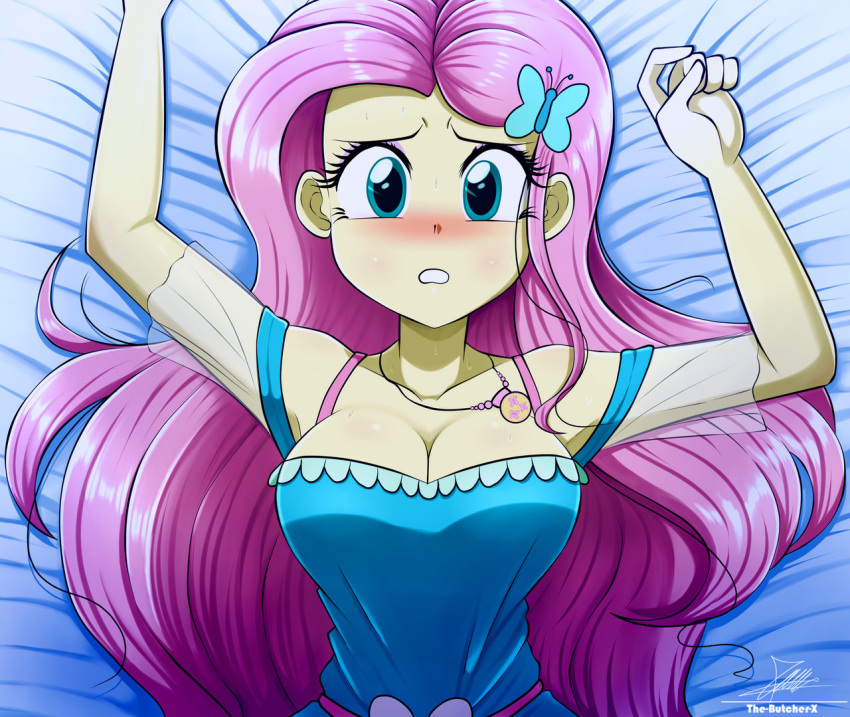 bed big_breasts blush breasts cleavage clothed clothing equestria_girls female fluttershy_(eg) fluttershy_(mlp) friendship_is_magic furniture hair hasbro long_hair looking_at_viewer mammal my_little_pony pink_hair solo submissive submissive_female the-butcher-x yellow_body