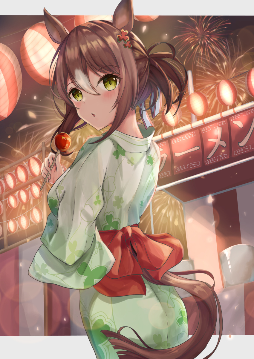 1girl absurdres alternate_costume animal_ears ass breasts commentary_request fine_motion_(umamusume) fireworks folded_ponytail food green_eyes highres horse_ears horse_girl horse_tail japanese_clothes kimono lantern looking_at_viewer medium_hair small_breasts tail umamusume waity_awa yukata