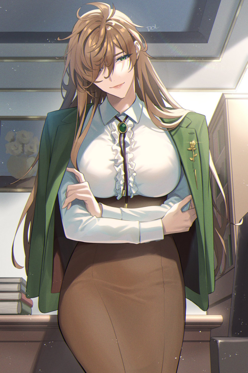 1girl book breasts brown_hair brown_skirt brown_vest desk dolustoy formal genderswap genderswap_(mtf) green_eyes green_jacket hair_over_one_eye highres jacket jacket_on_shoulders large_breasts long_hair looking_at_viewer miniskirt mole mole_under_eye necktie nijisanji office_lady oliver_evans shirt skirt smile solo tall_female vest virtual_youtuber white_shirt yellow_necktie