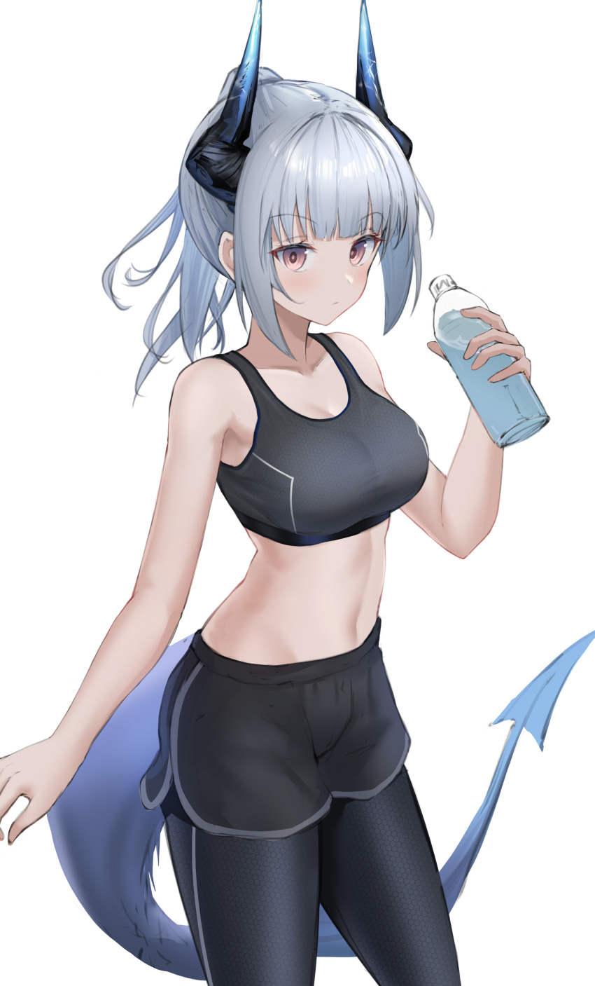 1girl absurdres arknights bangs bare_arms bare_shoulders black_pants black_shorts bottle breasts cleavage commentary_request cowboy_shot crop_top dolphin_shorts grey_hair hand_up highres holding holding_bottle horns large_breasts leggings legwear_under_shorts liskarm_(arknights) long_hair looking_at_viewer midriff navel pants pink_eyes short_shorts shorts simple_background solo sports_bra standing sthk stomach tail thighs water_bottle white_background