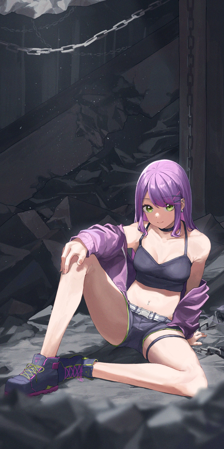 1girl absurdres bangs black_choker breasts chain choker closed_mouth crop_top ear_piercing earrings green_eyes hand_on_own_knee highres hololive jewelry knee_up light_particles long_hair looking_at_viewer medium_breasts navel off_shoulder piercing purple_hair shoes short_shorts shorts sitting solo tai_saka thigh_strap tokoyami_towa
