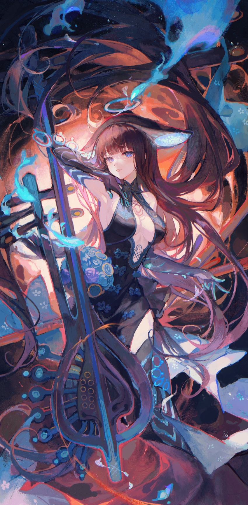 1girl absurdres bangs bare_shoulders black_dress black_gloves blue_eyes blue_fire blunt_bangs breasts center_opening china_dress chinese_clothes dress elbow_gloves fate/grand_order fate_(series) fire floating_hair gloves hair_ornament halo highres long_hair looking_at_viewer maccha_(mochancc) official_alternate_costume pipa_(instrument) smile solo thighhighs very_long_hair weapon yang_guifei_(fate) yang_guifei_(third_ascension)_(fate)