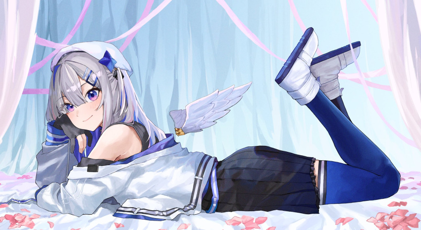 amane_kanata bangs blue_eyes blue_thighhighs closed_mouth detached_wings feet_up grey_hair hair_between_eyes hat highres hololive long_hair looking_at_viewer lying multicolored_eyes on_stomach petals pink_eyes shoes skirt smile tai_saka thighhighs white_footwear white_headwear wings