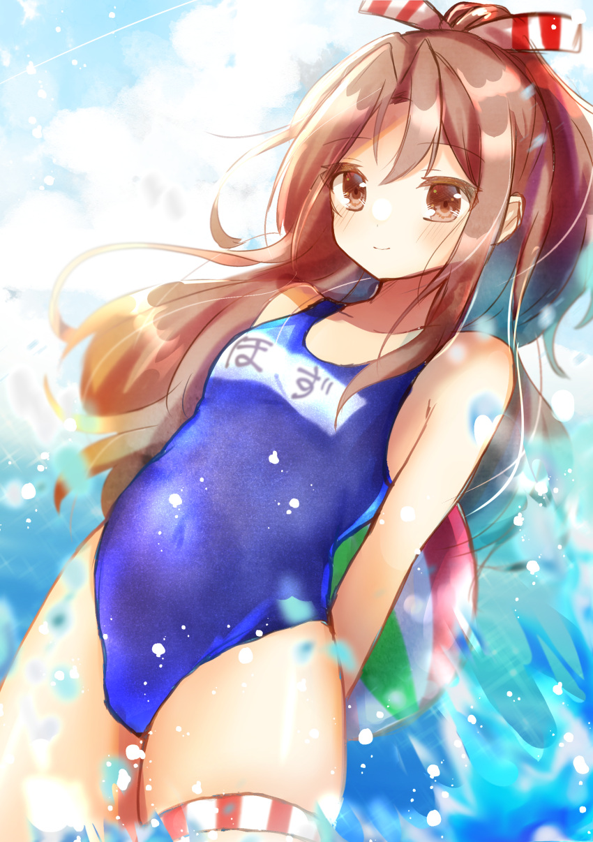 1girl absurdres alternate_costume arms_behind_back ball beachball blue_sky blue_swimsuit chiyorinda cloud cloudy_sky collarbone cover cowboy_shot flat_chest grey_hair hachimaki hair_between_eyes headband high_ponytail highres kantai_collection long_hair looking_at_viewer name_tag new_school_swimsuit one-piece_swimsuit school_swimsuit sky solo swimsuit water zuihou_(kancolle)