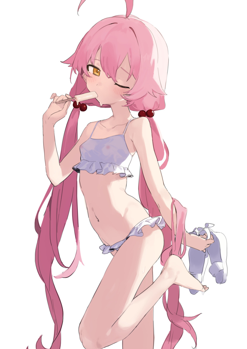 absurdres ahoge bikini blue_archive food frilled_bikini frills hair_bobbles hair_ornament highres hoshino_(blue_archive) hoshino_(swimsuit)_(blue_archive) long_hair low_twintails navel official_alternate_costume one_eye_closed pink_hair popsicle see-through_swimsuit sh_(562835932) shoes_on_hands swimsuit twintails white_bikini