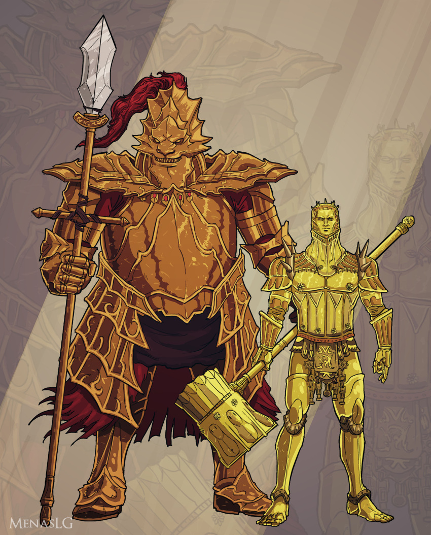 2boys absurdres alternate_height alternate_size armor dark_souls_(series) dark_souls_i dragon_slayer_ornstein executioner_smough full_armor full_body gauntlets gold_armor hammer height_switch helmet highres holding holding_polearm holding_weapon knight menaslg multiple_boys plate_armor polearm shoulder_armor spear weapon zoom_layer