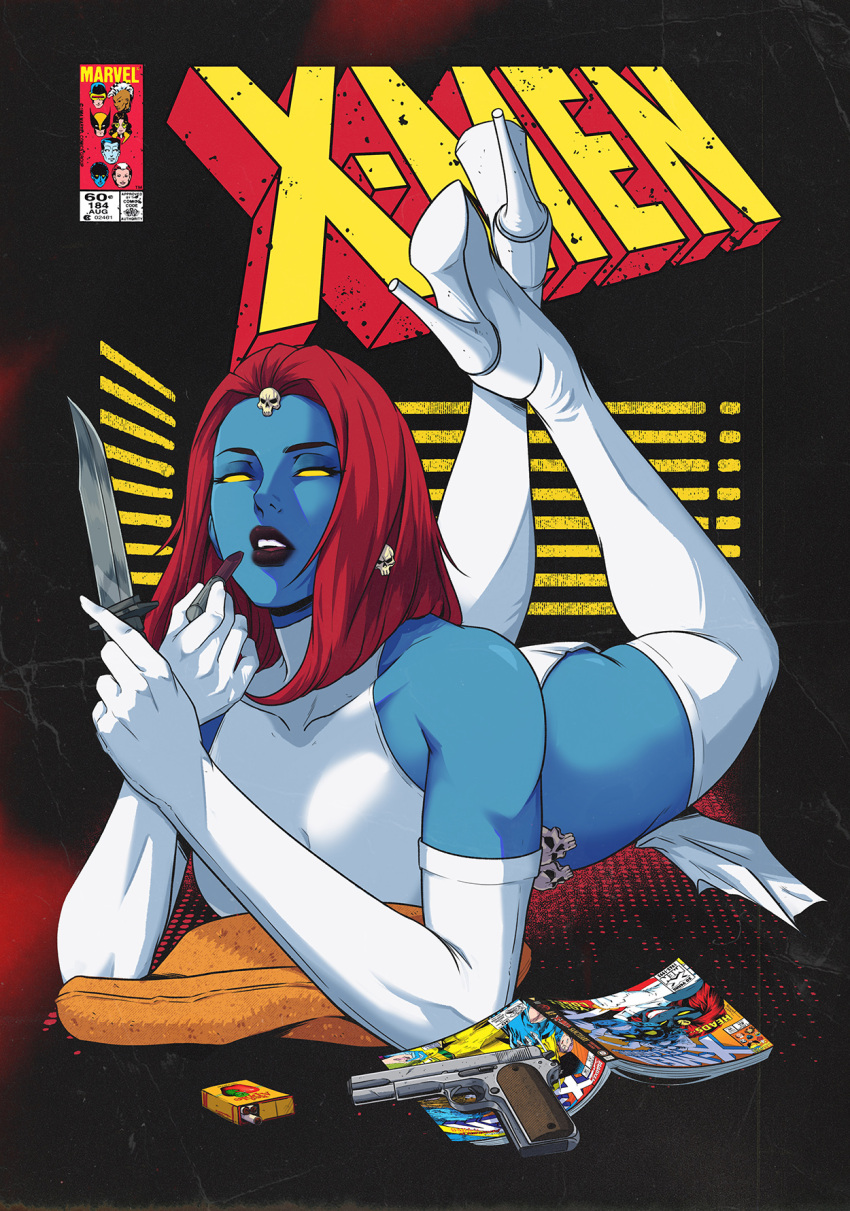 1girl applying_lipstick applying_makeup applying_own_makeup bare_shoulders blue_skin boots breasts cigarette_pack colored_sclera colored_skin comic_cover commentary commission cosmetics cover cover_page dress earrings elbow_gloves english_commentary english_text eyelashes feet_up gloves gun hair_ornament halter_dress halterneck high_heel_boots high_heels highres holding holding_knife holding_lipstick_tube jewelry jhony_caballero knife lipstick lipstick_tube long_dress looking_at_viewer lying magazine_(object) makeup marvel mature_female medium_breasts medium_hair mystique on_stomach purple_lips red_hair skull skull_belt skull_earrings skull_hair_ornament sleeveless sleeveless_dress superhero_costume thigh_boots weapon western_comics_(style) white_boots white_dress x-men yellow_sclera
