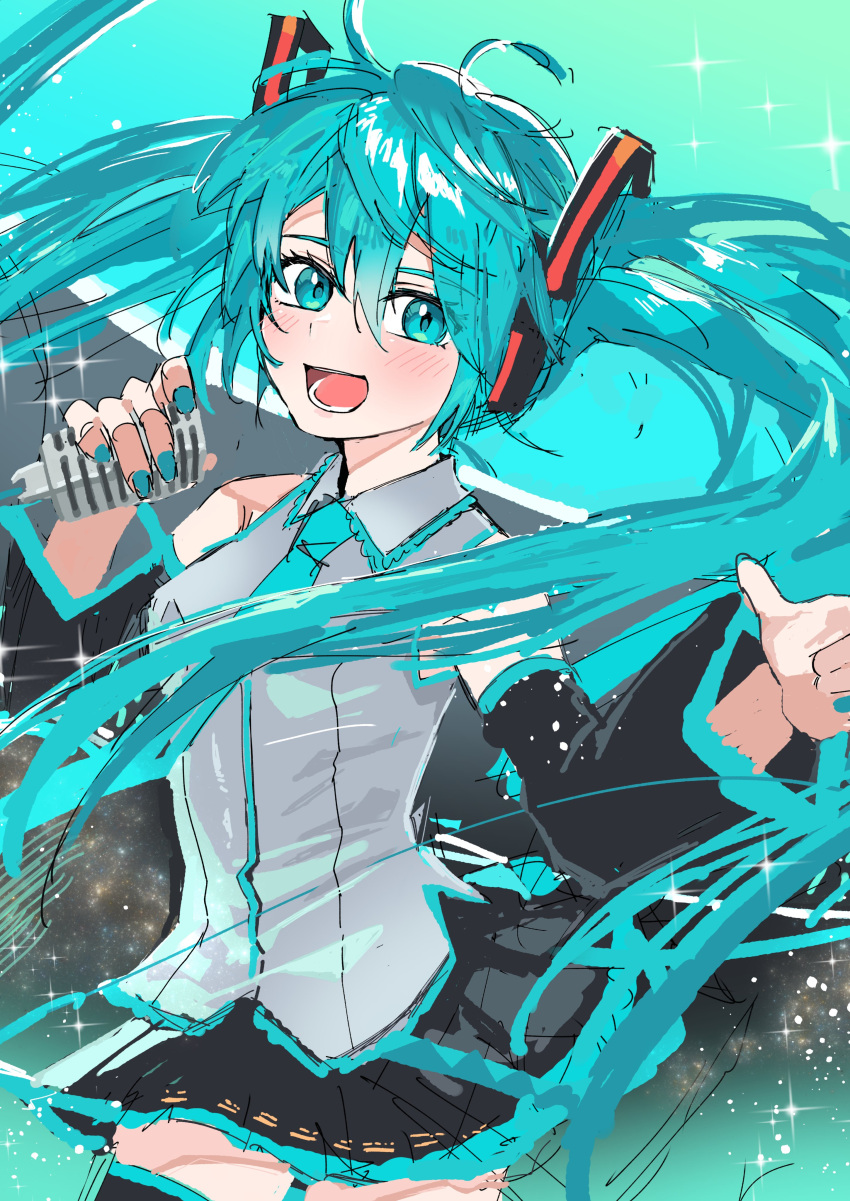 1girl absurdres aqua_eyes aqua_hair aqua_nails aqua_necktie aqua_theme bare_shoulders black_skirt commentary detached_sleeves grey_shirt hair_between_eyes hatsune_miku hayato_noda highres holding holding_microphone long_hair looking_at_viewer microphone miniskirt music nail_polish necktie open_mouth shirt singing skirt sleeveless sleeveless_shirt solo twintails very_long_hair vocaloid