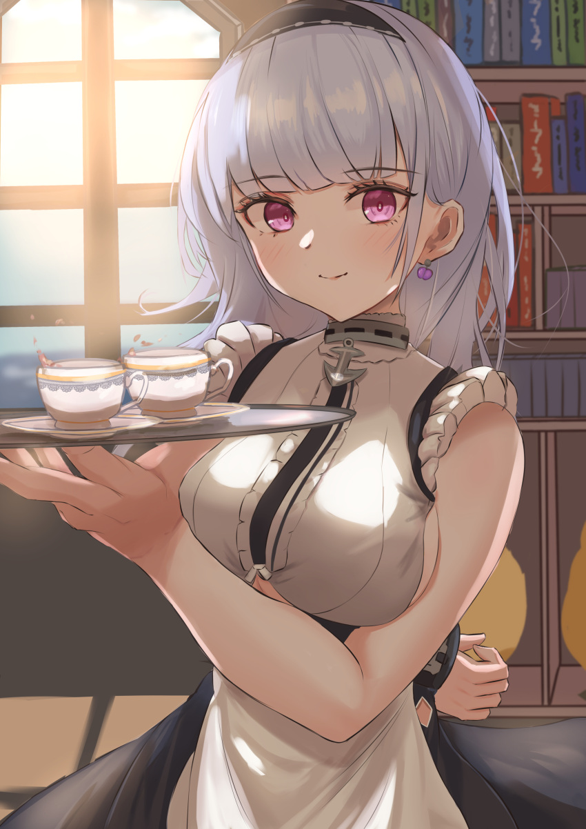 1girl absurdres anchor_choker apron azur_lane black_hairband black_skirt book bookshelf breasts center_frills choker clothing_cutout dido_(azur_lane) earrings frilled_choker frills hairband heart heart_earrings highres holding holding_tray indoors jewelry lace-trimmed_hairband lace_trim large_breasts light_purple_hair long_hair looking_at_viewer purple_eyes remapack77 shirt skirt sleeveless sleeveless_shirt solo standing tray underboob underboob_cutout waist_apron white_apron white_hair window