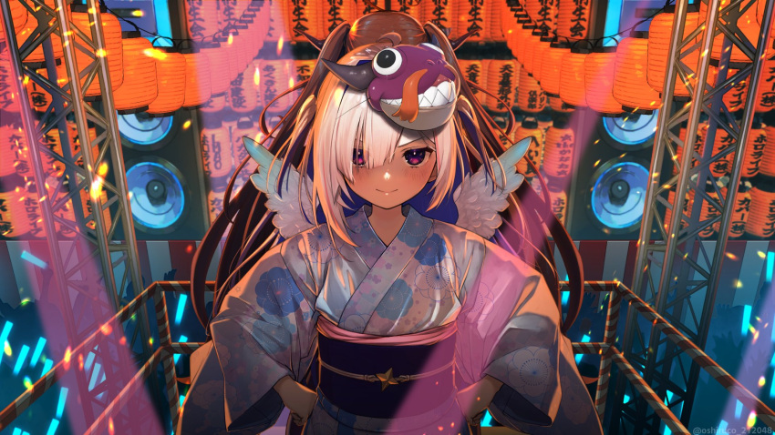 2girls amane_kanata amplifier angel_wings asymmetrical_hair back-to-back bangs blush closed_mouth commentary_request concert crowd glowstick hair_over_one_eye hands_on_hips highres hololive japanese_clothes kimono kiryu_coco_(dragon) lantern long_sleeves looking_at_viewer mask mask_on_head multiple_girls obi obiage obijime oshiruko_(oshiruco_212048) paper_lantern purple_eyes sash smile standing swept_bangs virtual_youtuber white_hair wide_sleeves wings yukata